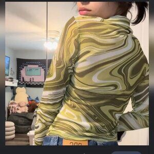 Garage NWOT Retro Green and Cream Sheer Stretch Mesh Button Down Top SZ P Small